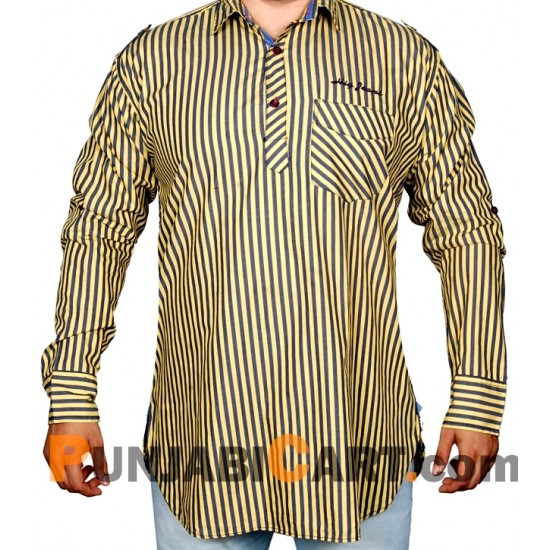 Men's Short Kurta - Striped (Yellow)