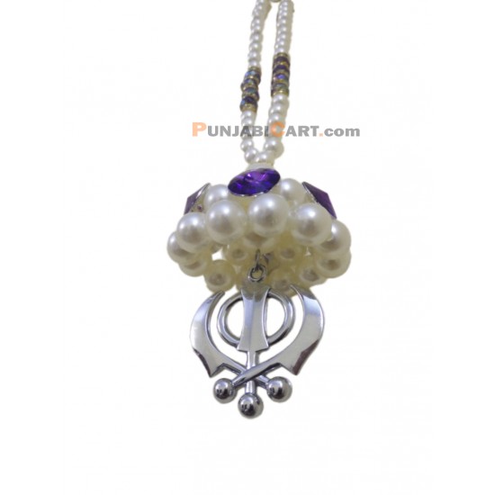 Khanda with Pearls and Purple Crystal Chabba and Chain - Car Hanging